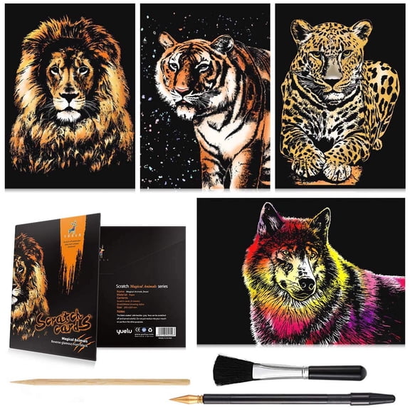 Adult Scratch Art Kit 4 Sheets Rainbow Animal Design Paper Craft Set