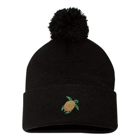 Adult Sea Turtle Embroidered Knit Beanie Pom Cap