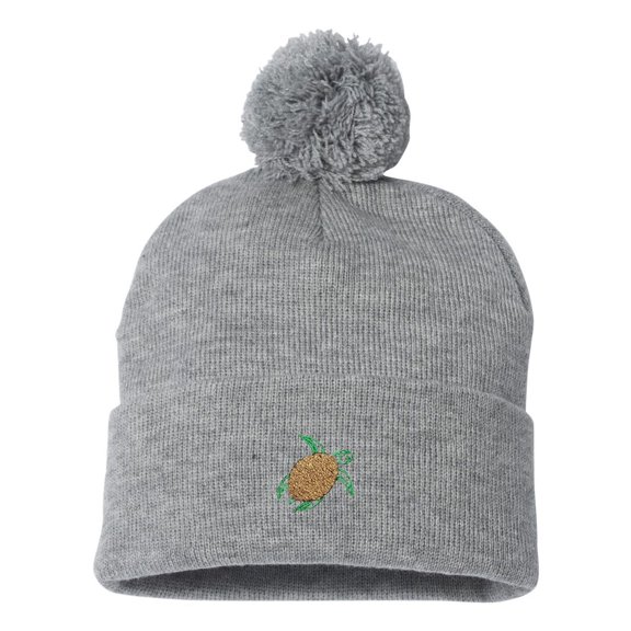 Adult Sea Turtle Embroidered Knit Beanie Pom Cap