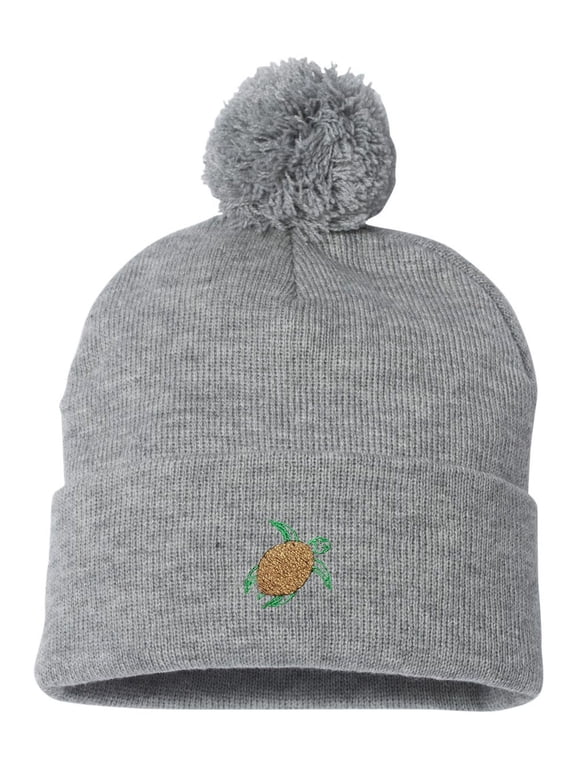 Adult Sea Turtle Embroidered Knit Beanie Pom Cap