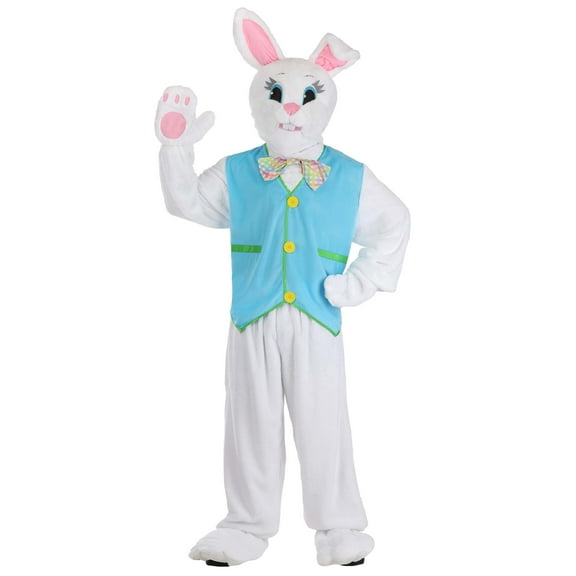 Adult Seasonal Easter Bunny Mascot Costume - 5 Pc Set w/ Plush Jumpsuit Shirt, Pants, Headpiece, Mitts, & Shoe Covers