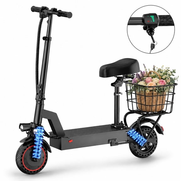 Adult Seated Electric Scooter with Basket, 500W Motor, Up to 19 MPH, 21Mile Range , Foldable, Dual Suspension, 10" Solid Tires, 265 lbs Max Load