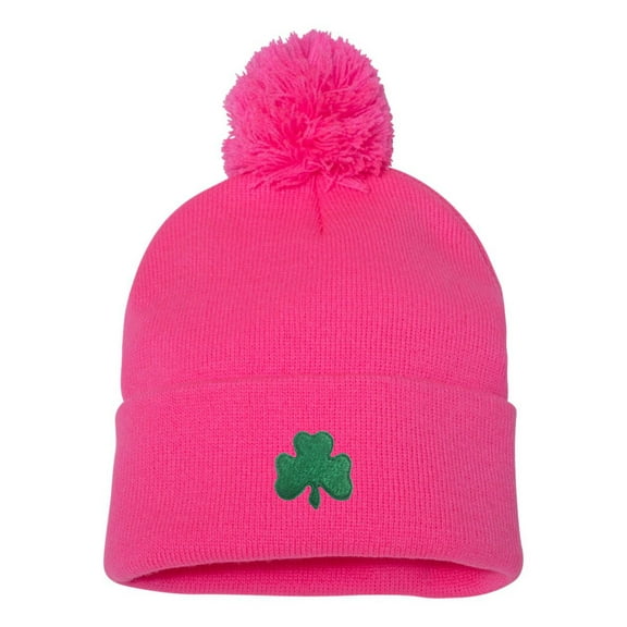 Adult Shamrock St. Patrick's Day Embroidered Knit Beanie Pom Cap