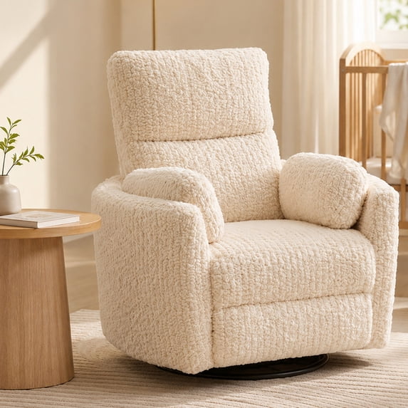 Adult Sherpa Nursery Power Swivel and USB Charging Recliners with 2 Removable Pillows, Beige