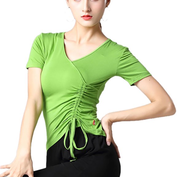 Adult Short Sleeve Faux Wrap V Neck Drawstring Latin Ballroom Mambo Merengue Dance Blouse T Shirttops