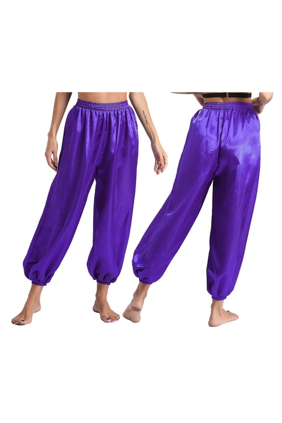 Adult Silky Belly Dance Harem Pants High Waist Loose Fit Trousers Costumes Carnival Dress Up