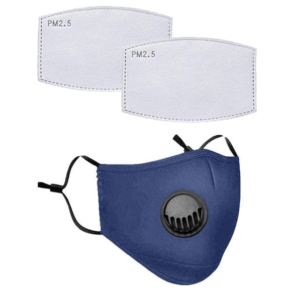 Adult Size Cotton Face Mask Covers with Breathing Valve, Wire Nose Bridge, Adjustable Ear Loops and two PM2.5 Carbon Filters SHIPS FROM CHICAGO - FAST DELIVERY (Navy Blue)
