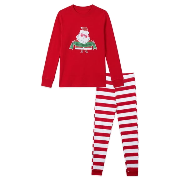 NIPAXO Kids Christmas Pajamas Set Long Sleeve Santa Graphic Top and Red White Striped Pants Holiday Sleepwear for Girls Boys