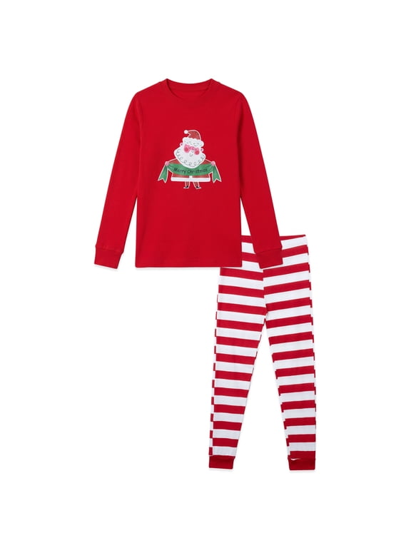 Kids Christmas Pajamas Set Long Sleeve Santa Graphic Top and Red White Striped Pants Holiday Sleepwear for Girls Boys