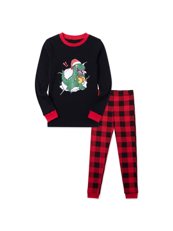 Kids Christmas Pajamas Set Long Sleeve Dinosaur Graphic Top and Red Buffalo Plaid Pants Holiday Sleepwear for Girls Boys