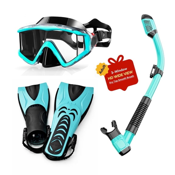 Adult Snorkeling Set, 3-in-1 Mask Fin Snorkel Kit, Panoramic Anti-Fog Mask, Dry Top Snorkel, Adjustable Trek Fins, Travel Bag, Ideal for Swimming, Snorkeling & Diving, Men & Women