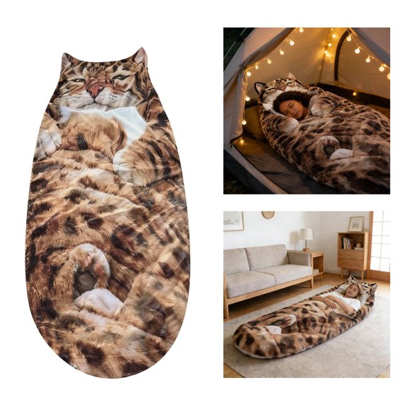 Adult Soft Sleeping Bag - Plush Cat Envelope Sleeping Bag for Camping, Sleepovers & Home Lounging, Washable Warm Blanket, 1pc Compactable Sleeping Bag,Brown2,175cm