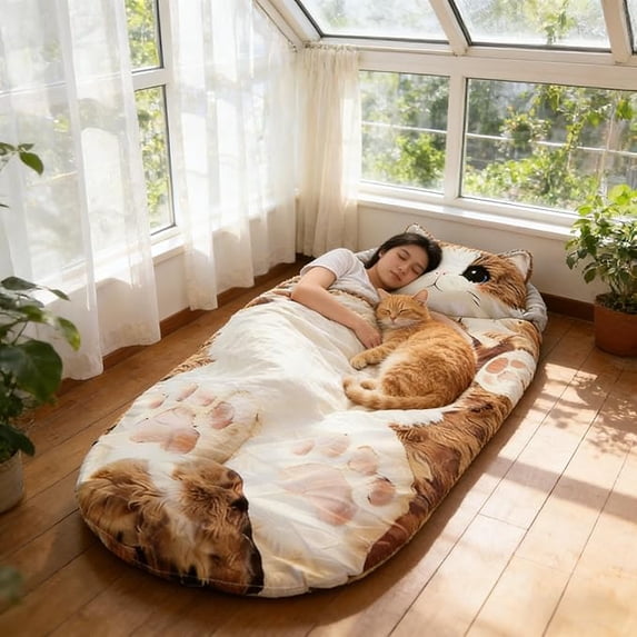 Adult Soft Sleeping Bag – Plush Cat Envelope Sleeping Bag for Camping, Sleepovers & Home Lounging, Washable Warm Blanket 69x31 IN