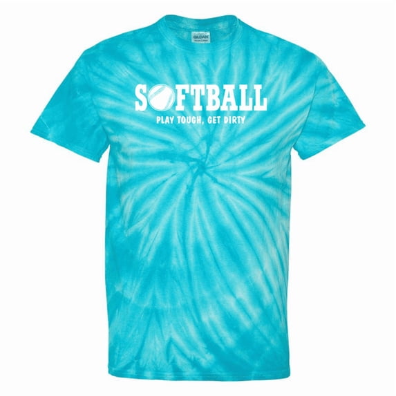 Adult Softball Tie Dye T-Shirt "Play Tough, Get Dirty" (Turquoise, Adult Small )