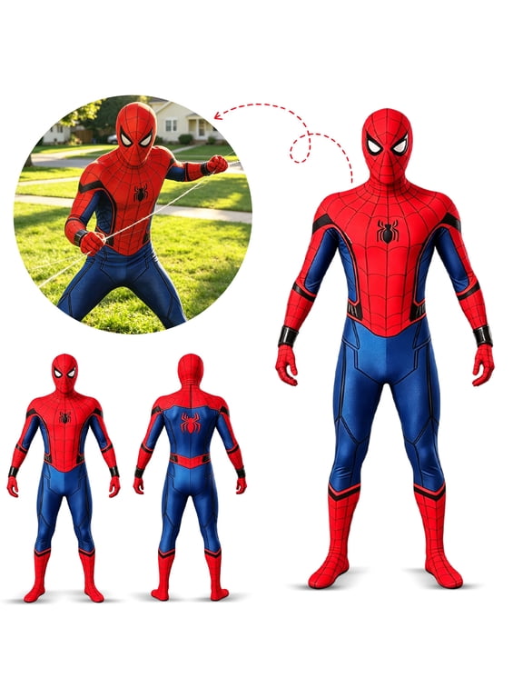 Adult Spider Hero Homecoming Suit Costume, Men Red Blue Zentai Bodysuit with Mask, Halloween Comic Convention Party Gifts for Men