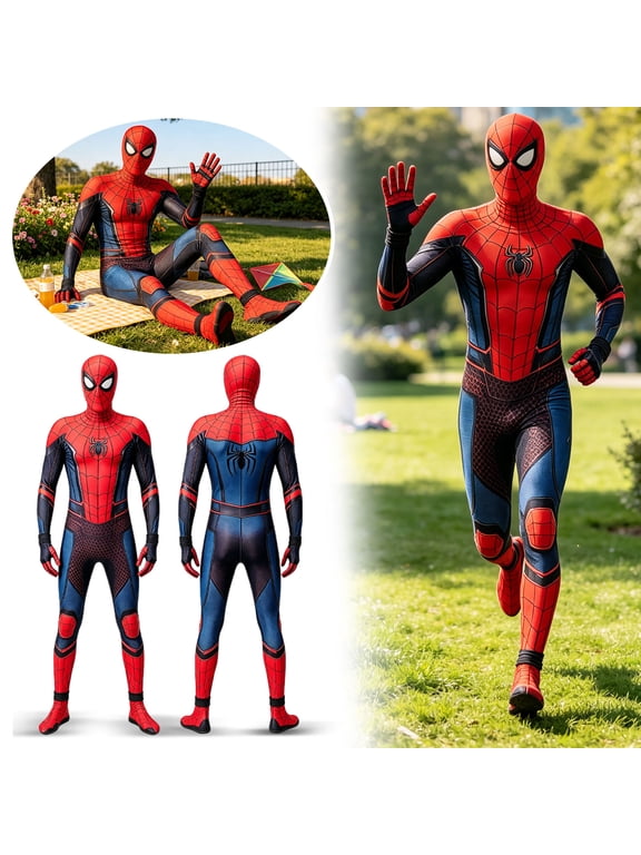 Adult Spider Hero Tech Armor Suit Costume, Men Red Blue Spandex Zentai Bodysuit with Mask, Halloween Comic Convention Party Gifts for Men
