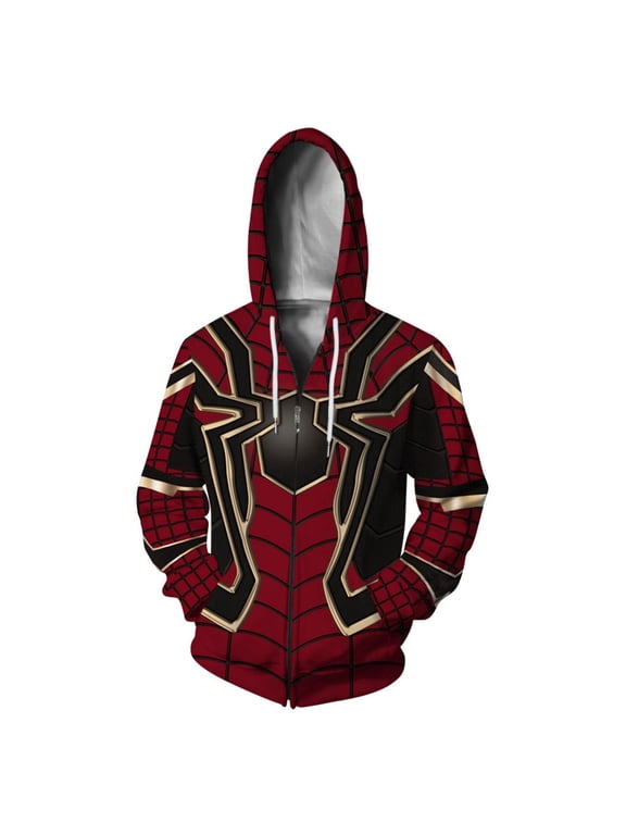 Adult Spider Superhero Hoodie Mesh Texture Graphic Zip Front Pockets Jacket Relaxed Long Sleeve Sweatshirt Costume Top Wear
