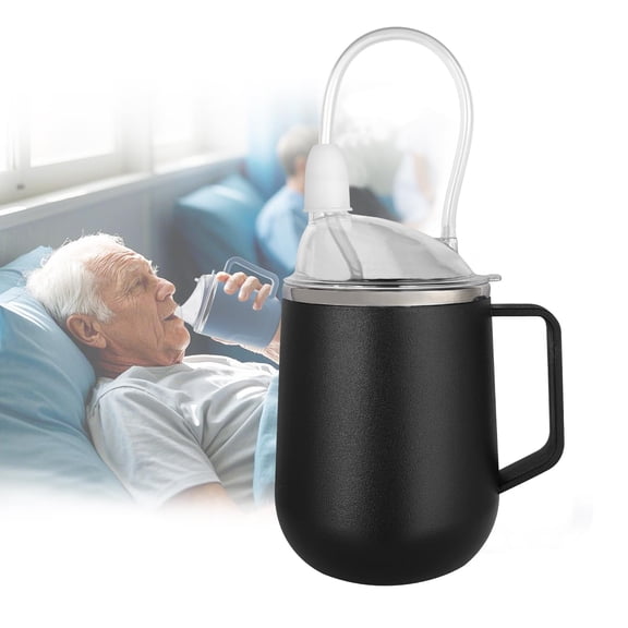 Adult Spill Proof Cup for Elderly, 3 in 1 Stainless Steel Sippy Cup with 2 Straw and 2 Spouts, Suitable for Seniors Disabled Patients Limited Mobility, 15 OZ(Black)