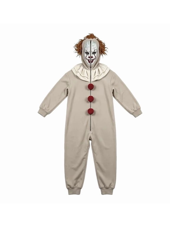 Adult Spooky‑Clown‑Graphic Hooded Onesie Pajama, Beige Full‑Zip One‑Piece Indoor Loungewear Jumpsuit