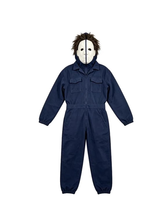 Adult Spooky Mask Hooded One‑Piece Jumpsuit, Navy‑Blue Full‑Zip Loungewear Coverall with Pockets