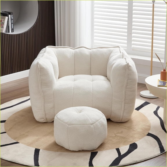 Adult Square Chenille Bean Bag Chair Soft High-Resilient Foam Lazy Sofa with Footstool | Chenille | Square