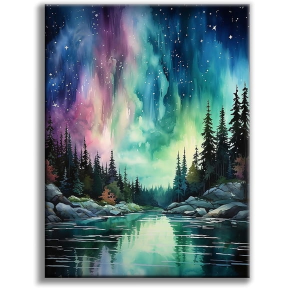 Adult Starry Sky Diamond Art Set, 5D Aurora Lake Diamond Painting Set (Suitable for Beginners), DIY Full Diamond Dot Gem Art for Home Wall Decoration) 12 x 16 inches, without frame