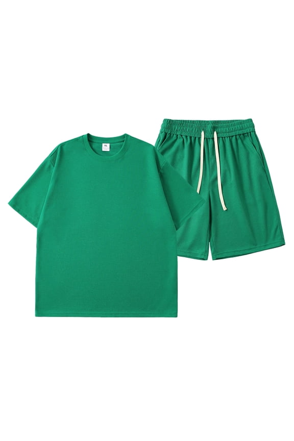 Adult Summer Solid Color Couple T Shirt Shorts Two Piece Suit
