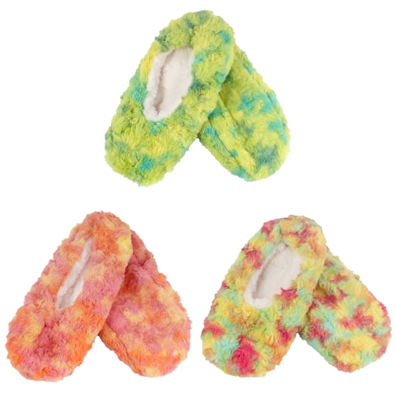 BambooMN Women's Tie Dye Fuzzy Non-Slip Slippers - Assortment A - Extra Large - 3 Pairs