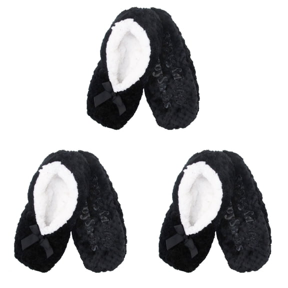 BambooMN Adult Women's Super Soft Warm Cozy Fuzzy Soft Touch Slippers Non-Slip Lined Socks - Black - Small 3 Pairs
