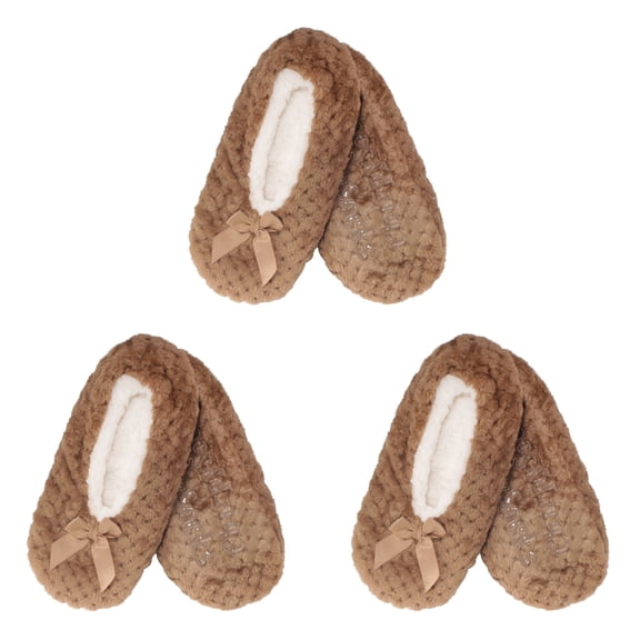 BambooMN Adult Women's Super Soft Warm Cozy Fuzzy Soft Touch Slippers Non-Slip Lined Socks - Brown - Large 3 Pairs