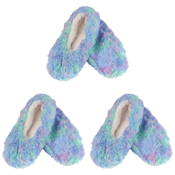 BambooMN Women's Super Fuzzy Soft Touch Slippers Non-Slip Lined Socks - Caribbean Waves - Extra Large - 3 Pairs