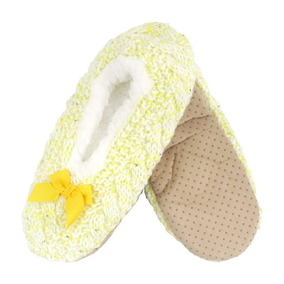 BambooMN Women's Soft Sequin Fuzzy Slippers with Non-Slip Grips - Gold Yellow - Large - 1 Pair