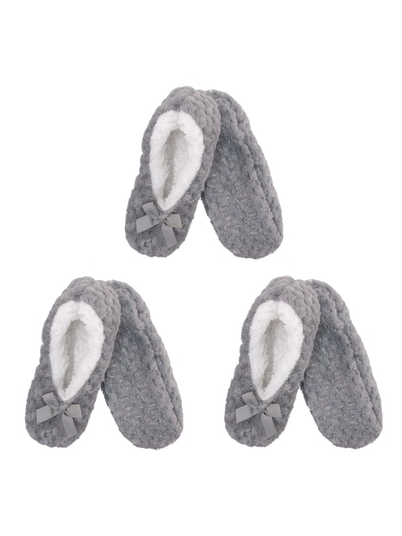 Adult Women's Super Soft Warm Cozy Fuzzy Soft Touch Slippers Non-Slip Lined Socks - Grey - Medium 3 Pairs