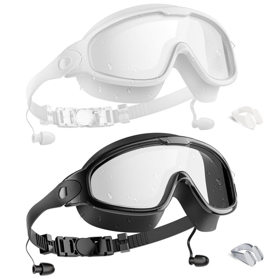 2 Pack Adult Swim Goggles with Ear Plugs, Wide View, Anti-Fog, UV Protection, Leak-Free Comfortable Fit for Men & Women, Pool, Beach, Open Water
