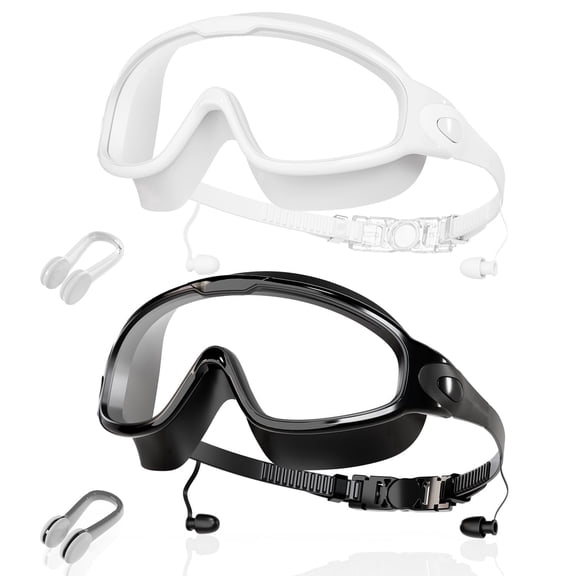 Adult Swim Goggles with Ear Plugs – Wide View, Anti-Fog, UV Protection, Leak-Free Comfortable Fit for Men & Women, Pool, Beach, Open Water