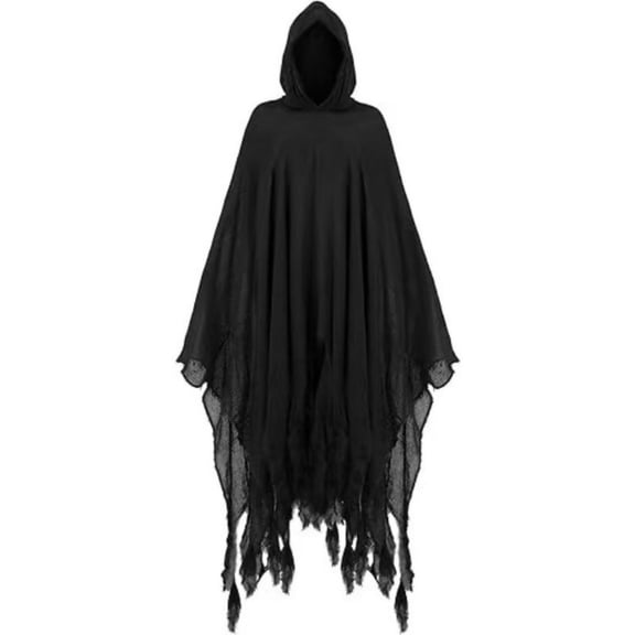 Adult Tattered Hooded Cape Distressed Ragged Poncho Creepy Short Cloak for Men Women Zombie Grim Reaper Witch Cosplay Spooky Halloween Costume Props