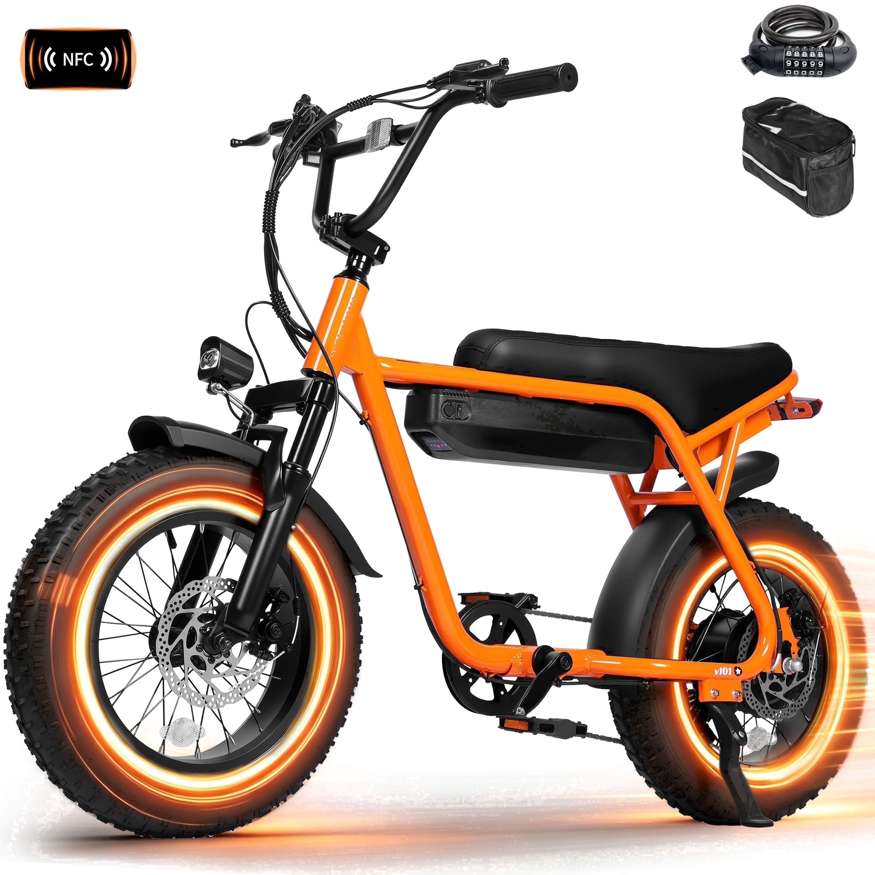 Adult & Teen Electric Bike – 750W Peak (1500W Max) Motor, 28 MPH, 48V 13Ah Battery, 16"x4.0" Fat Tires, 7-Speed, Front Suspension All-Terrain E-Bike, Orange with Phone Bag & Lock