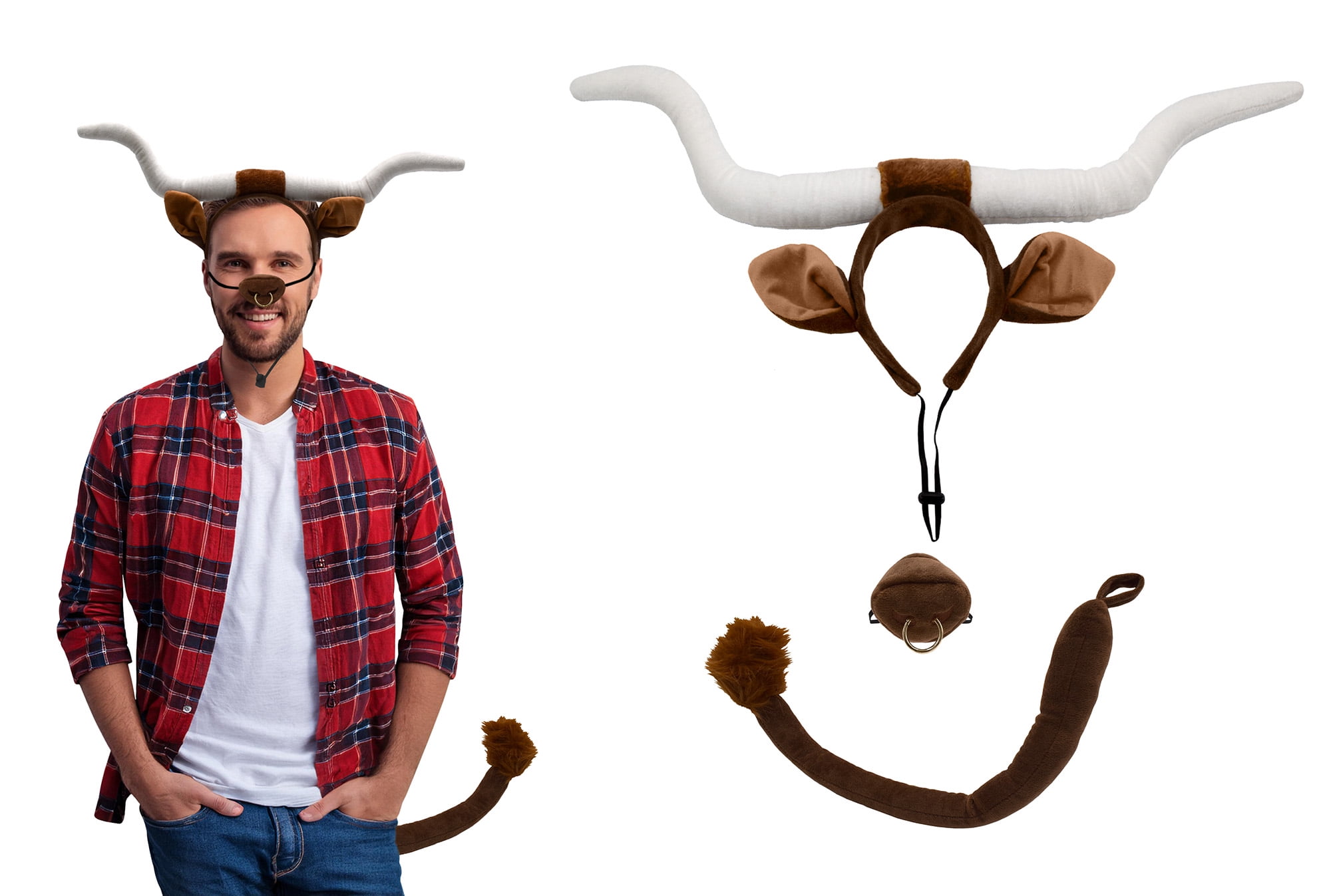 Adult Texas Longhorn Bull Steer Costume Set Plush Cow Horn Headband Ears Nose with Ring and Tail Fun Animal Cosplay Accessories for Halloween Dress-Up Parties School Plays Unisex for Adults