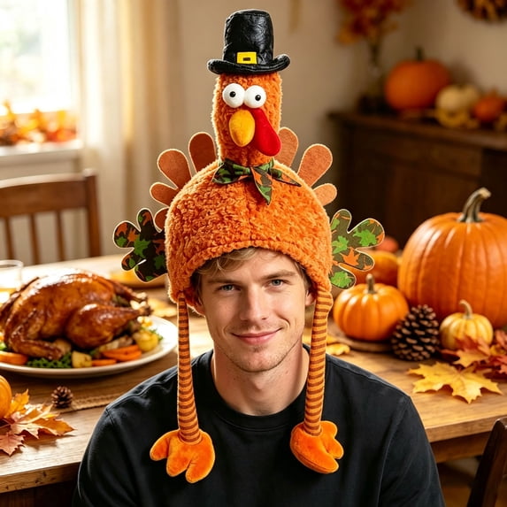 Adult Thanksgiving Turkey Hat Cartoon Plush Headwear Holiday Party Cap for Men Women One Size