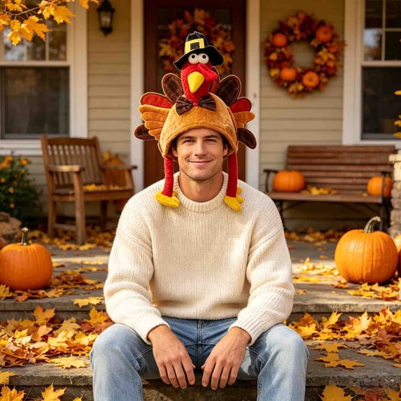Adult Thanksgiving Turkey Hat Cartoon Plush Headwear Holiday Party Cap for Men Women One Size