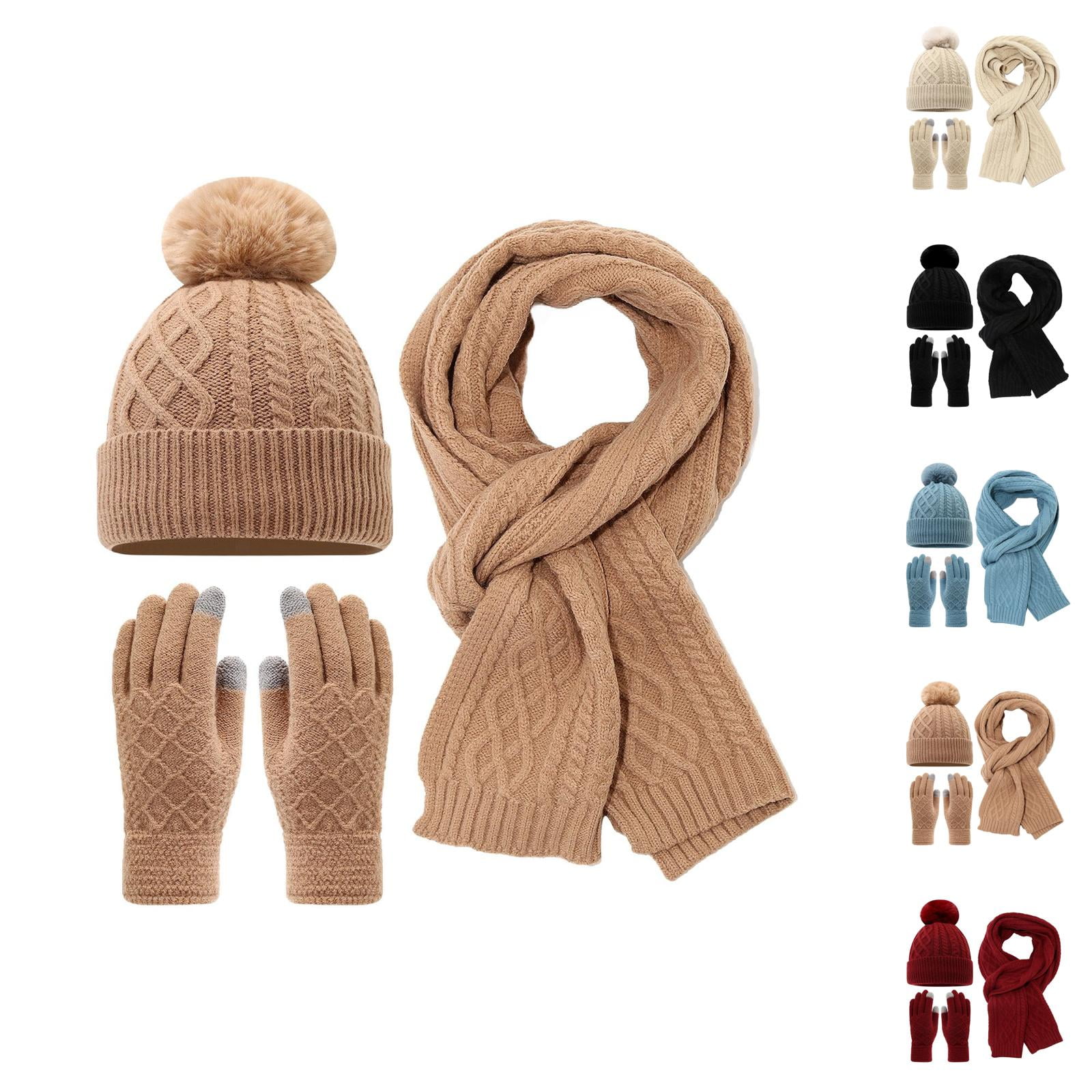 Adult Thick Knit Hat Scarf Gloves Set - Plush Beanie Neck Warmer ...