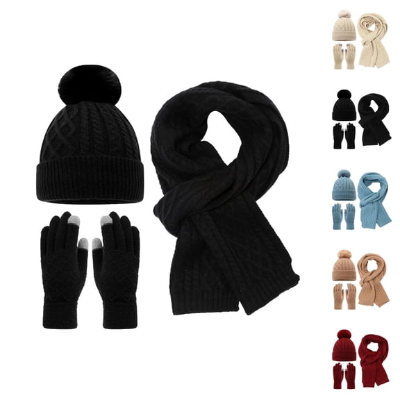 Adult Thick Knit Hat Scarf Gloves Set Winter Warm Lined 3PCS Cozy Cable Knit Accessories Outdoor Snow Cold Weather Gear for Hiking Travel Running Daily Use Comfortable Soft Thermal Set Ski