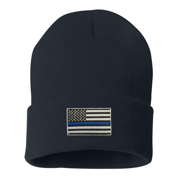 Adult Thin Blue Line USA Flag Embroidered Cuffed Knit Beanie Cap