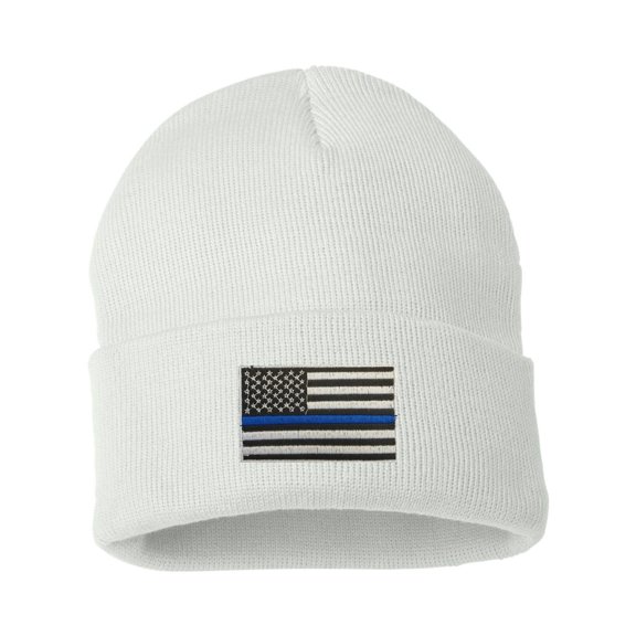 Adult Thin Blue Line USA Flag Embroidered Cuffed Knit Beanie Cap