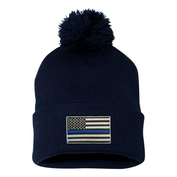 Adult Thin Blue Line USA Flag Embroidered Knit Beanie Pom Cap