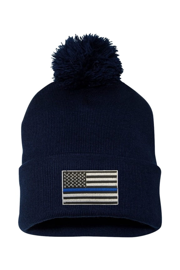 Adult Thin Blue Line USA Flag Embroidered Knit Beanie Pom Cap
