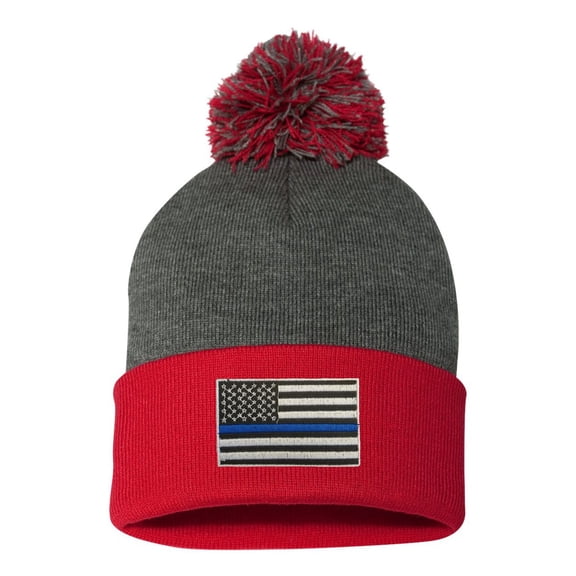 Adult Thin Blue Line USA Flag Embroidered Knit Beanie Pom Cap