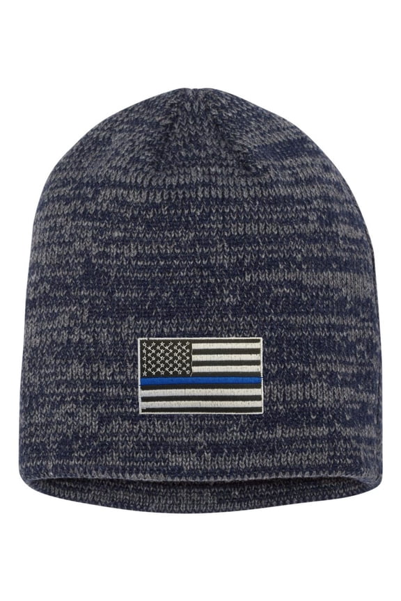 Adult Thin Blue Line USA Flag Embroidered Marled Knit Beanie Cap