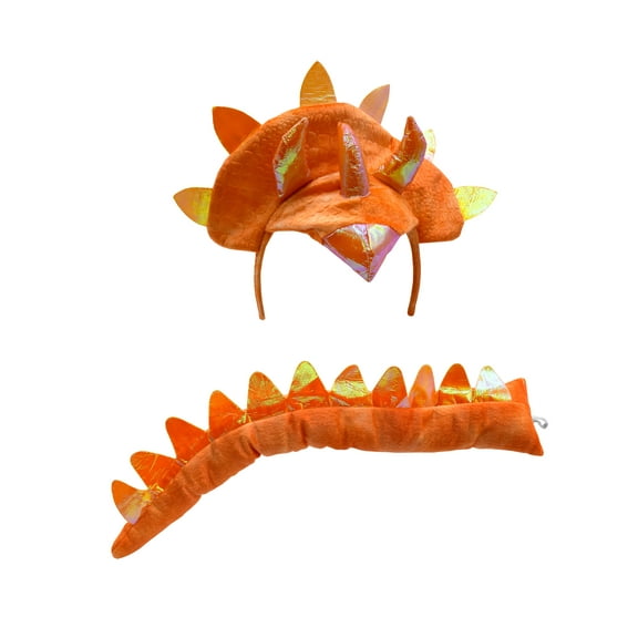 Adult Triceratops Dragon 3 Horn Dinosaur Headband Tail Costume Accessory Set (Orange)