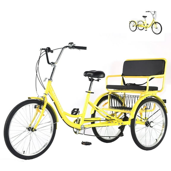Adult Tricycle 7 Speed, 24 Inch 3 Wheel Bikes Extended Rear wheelbase Tricycle Wheel Bike w/Rear Basket for Women/Children Seniors Maximum Load 550lbs